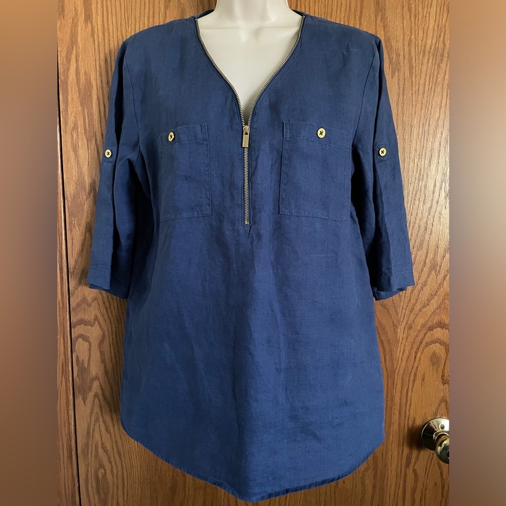 Company By Ellen Tracy Blue Linen Blouse 3/4 Sleeves V-Neck Women's Size Med.